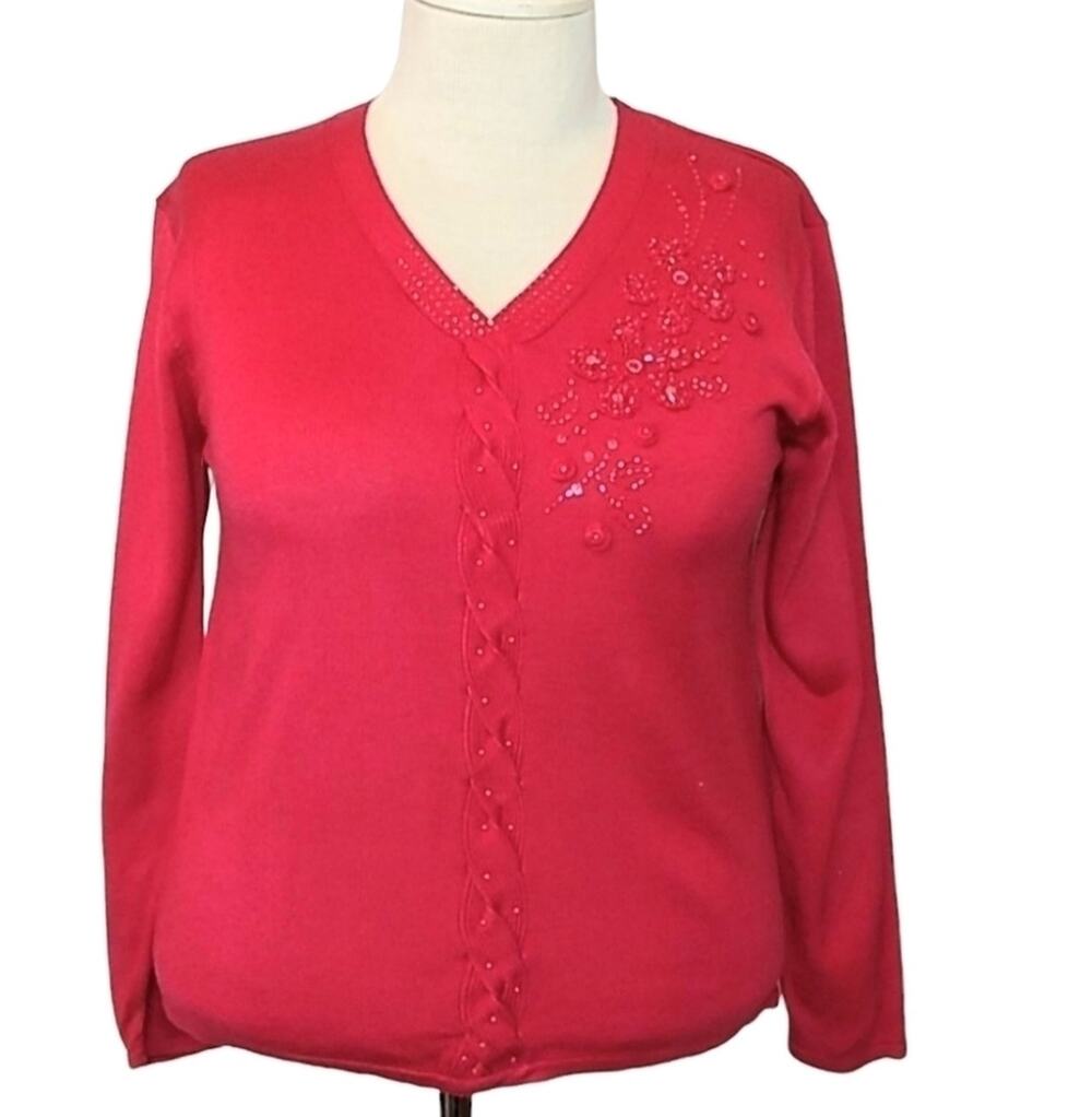 Jenny Womens XL Red Knit V Neck Button Up Cardigan Sweater Beaded Holiday